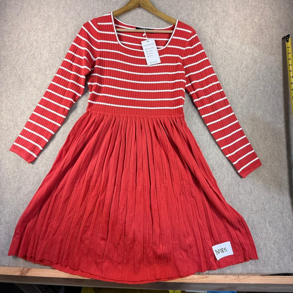 ZESICA Womens Red White Striped Long Sleeve Ribbed Knit Pleated Midi Dress M
